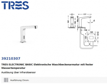 Tres elektronischer Wasserhahn Anti-Covid Waschbecken-Armatur mit Infrarotsensor 39210307