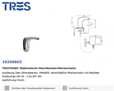 Tres elektronischer Wasserhahn Waschbecken-Mischarmatur mit Infrarotsensor 19290603