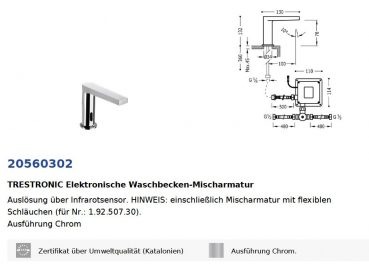 Tres elektronischer Wasserhahn Waschbecken-Mischarmatur mit Infrarotsensor 20560302