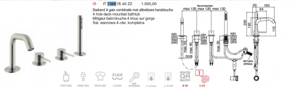 Treemme 40 mm Wasserhahn 1368 für Badewanne Wannenmontage mit Handbrause