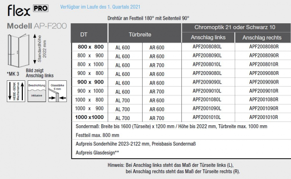 GEO maw Flex Pro AP-F200 Drehtür an Fixteil mit Seitenteil Duschkabine Fronteinstieg in Chromoptik oder Schwarz mit Beschichtung