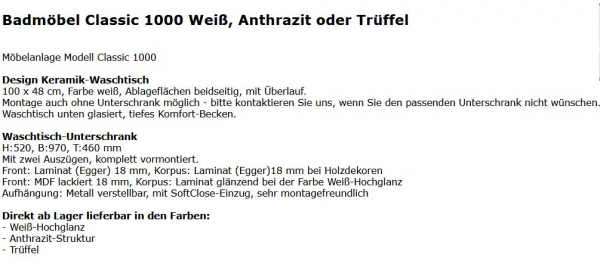 Badmöbelset 970 mm Unterschrank und Waschbecken in Weiß, Anthrazit und Trüffel