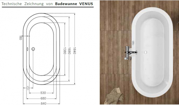 Börsting Venus Acrylbadewanne freistehend und an Wand