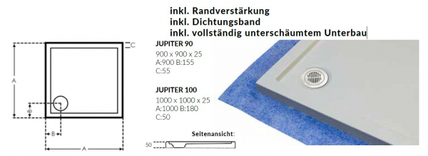 Börsting Acryl-Duschwanne Duschtasse Duschboard Jupiter mit Abdichtung und Trittschalldämmung