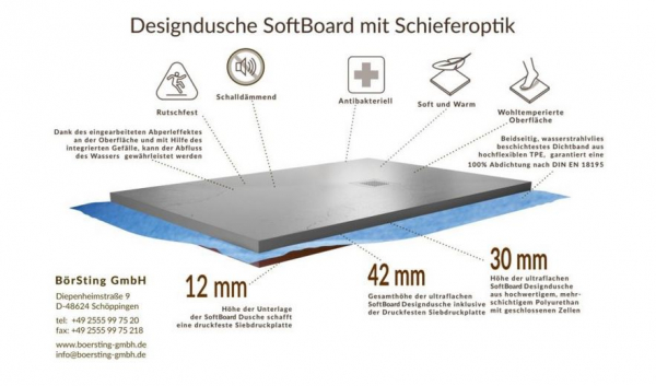 Börsting Softboard Duschboard schalldämmend, rutschfest, soft und warm mit Multiplexaufbau