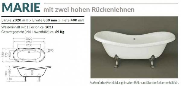 Börsting Nostalgie-Badewanne Mineralguss Marie 2020 mit 2 hohen Rückenlehnen freistehend, Luxus-Design für Ihr Traumbad