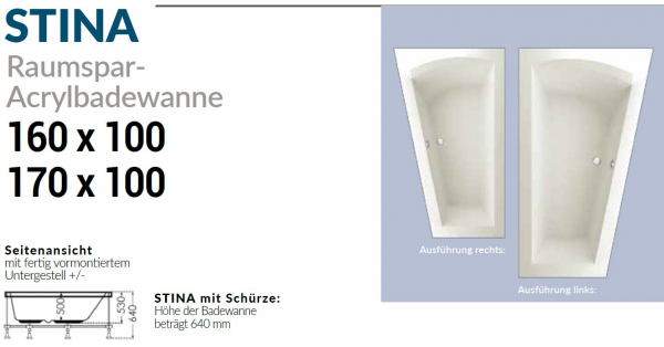 Börsting Raumsparwanne Stina 1600/1700 Acryl-Badewanne mit optionalem Whirlpool, modernes Design für Ihr Traumbad