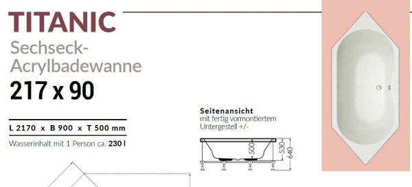 Börsting Sechseckwanne Titanic 2170 Acryl-Badewanne mit optionalem Whirlpool, modernes Design für Ihr Traumbad