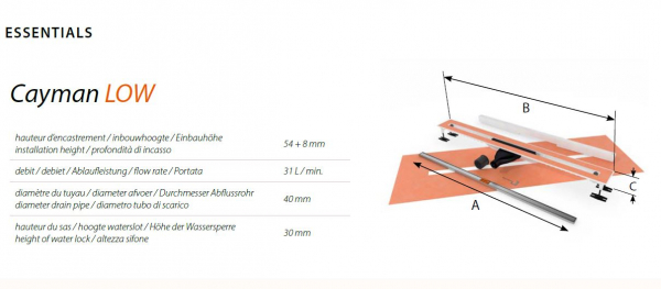 Carrodrain Duschrinne Cayman Low Ablaufrinne für Dusche mit 31 L / min.