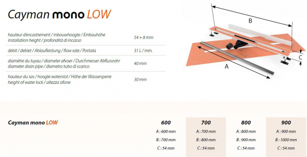Carrodrain Duschrinne Cayman Mono Low Ablaufrinne für Dusche mit 31 L / min.