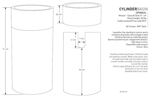 Cipi Cylinder Dark Marmor Standwaschbecken Säulenwaschbecken