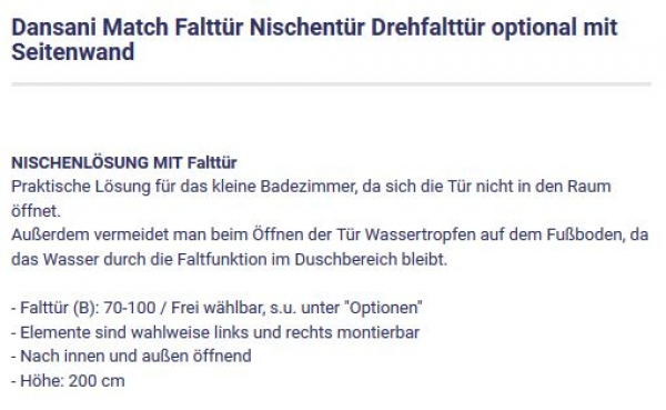 Dansani Duschfalttür Falttür Nische Match auch mit Seitenwand