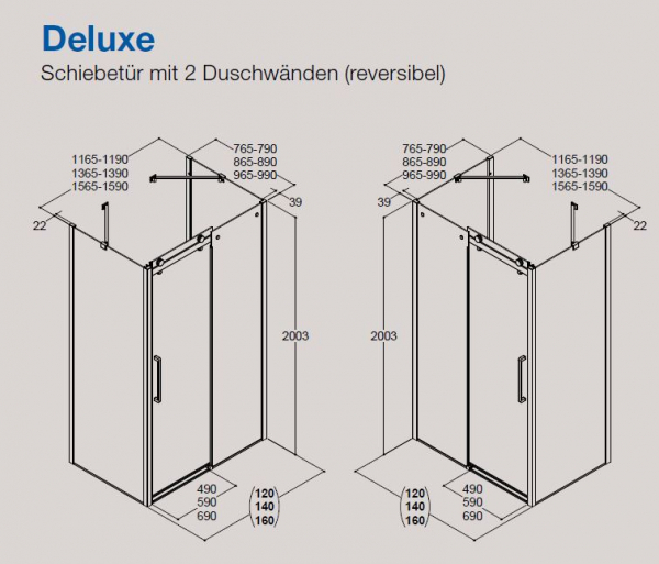 Dansani XXL Dusche Großraumdusche Schiebetür Duschtür Deluxe 120 - 160 cm mit 2 Seitenwänden, modernes Design für Ihr Traumbad