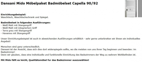 Dansani Capella Mido Badmöbelset 90/92 mit 2 Schubladen und Spiegel