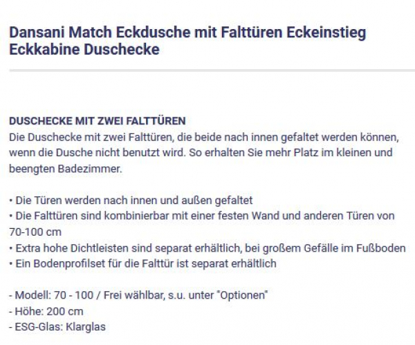 Dansani Match Eckdusche mit Falttüren Eckeinstieg