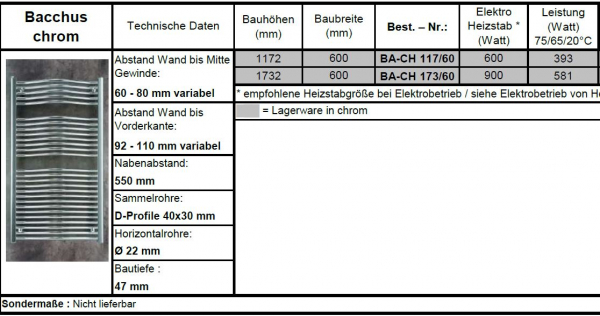 Eucotherm Bacchus Chrom verchromter Badheizkörper Handtuchheizkörper