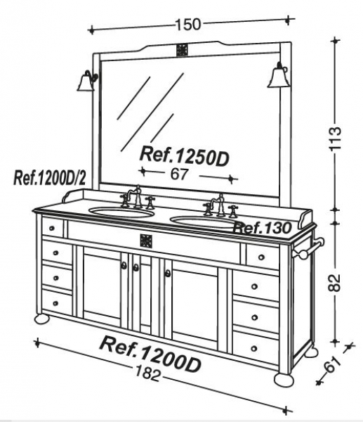 Ricordi Badmöbelset 22|182 cm Walnuss/Weiß antik von Euro Bagno