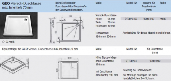 GEO maw Viereck-Duschwanne, Duschtasse aus Acryl 900 x 900 mit max. Innentiefe 70 mm