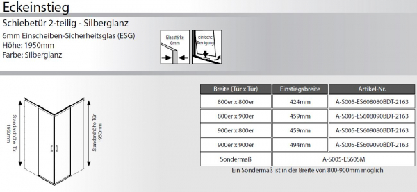 GEO S5 Eckeinstieg mit 2 Schiebetüren Silberglanz, Schwarz oder Brushed Gold