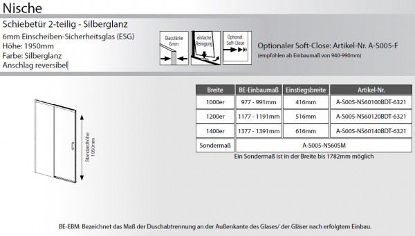 GEO S5 Schiebetür 2-teilig Silberglanz, Schwarz oder Brushed Gold