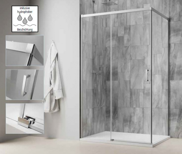 GEO S5 Schiebetür 2-teilig mit Seitenteil 90° Silberglanz, Schwarz oder Brushed Gold