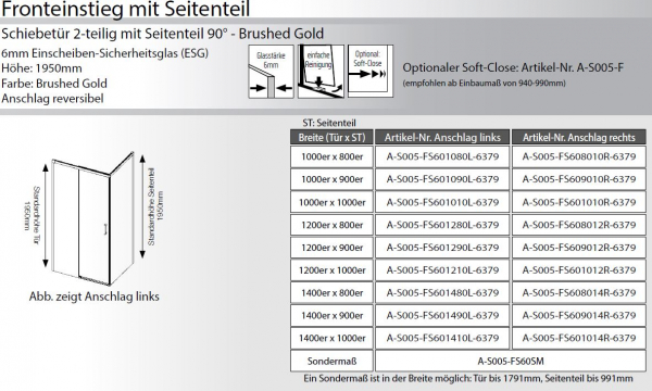 GEO S5 Schiebetür 2-teilig mit Seitenteil 90° Silberglanz, Schwarz oder Brushed Gold