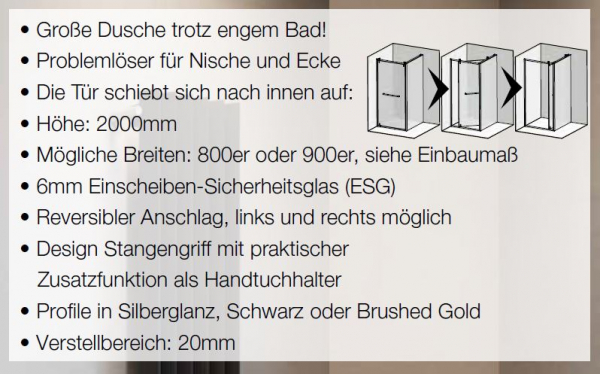 GEO S6 Schwenk-Schiebetür für Nische Silberglanz, Schwarz oder Brushed Gold