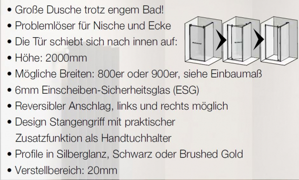 GEO S6 Schwenk-Schiebetür mit Seitenteil Silberglanz, Schwarz oder Brushed Gold