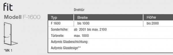 GEO maw Fit Drehtür Schwenktür für Nische F-1600 Aufmaß inklusive