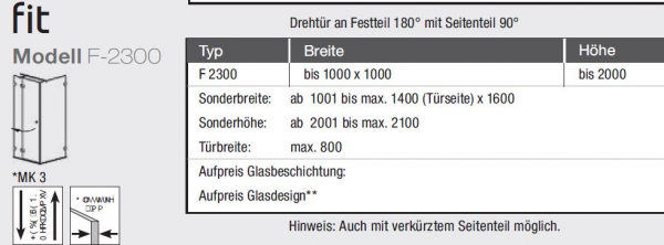 GEO maw Fit F-2300 Duschkabine Drehtür Schwenktür mit Seitenteil Eckdusche Fronteinstieg Aufmaß inklusive