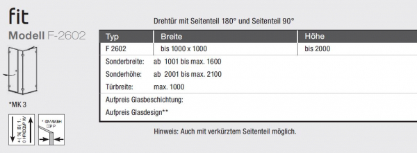 GEO maw Fit F-2602 Duschkabine Drehtür an Fixteil mit Seitenteil Eckdusche Fronteinstieg Aufmaß inklusive