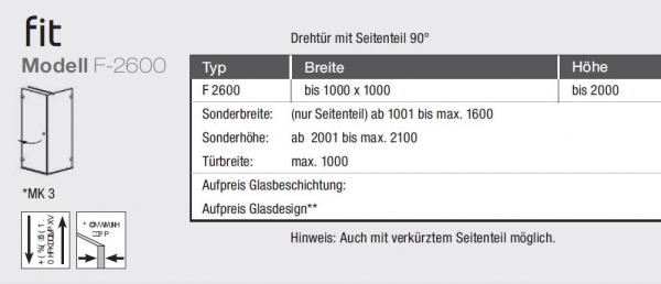 GEO maw Fit F-2600 Duschkabine Drehtür Schwenktür mit Seitenteil Eckdusche Fronteinstieg Aufmaß inklusive