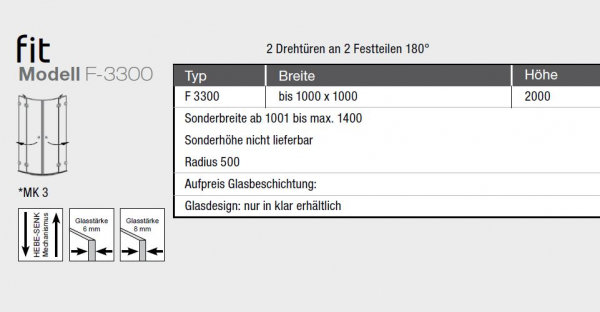 GEO maw Fit F-3300 Runddusche 2 Drehtüren an Festteil Viertelkreis-Duschkabine Aufmaß inklusive