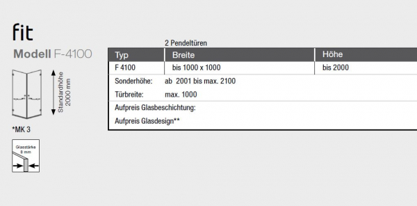 GEO maw Fit F-4100 Duschkabine Eckeinstieg mit 2 Schwenktüren Eckdusche Aufmaß inklusive