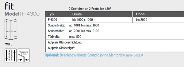 GEO maw Fit F-4300 Duschkabine Eckeinstieg mit 2 Schwenktüren an Fixteil Eckdusche Aufmaß inklusive