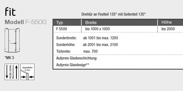 GEO maw Fit F-5500 Fünfeck-Dusche Drehtür an Festteilen Duschkabine Aufmaß inklusive