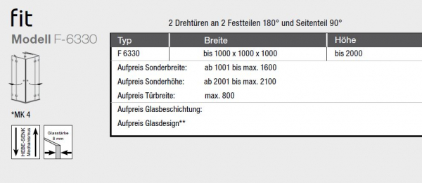 GEO maw Fit F-6330 U-Kabine 2 Drehtüren an 2 Festteilen und 1 Seitenwand Duschkabine U-Form Aufmaß inklusive