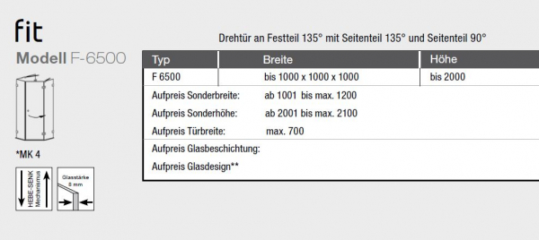 GEO maw Fit F-6500 U-Kabine Drehtür an Festteilen Fünfeck und 1 Seitenwand Duschkabine U-Form Aufmaß inklusive