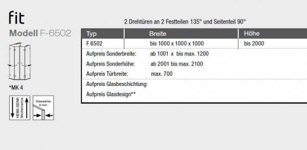 GEO maw Fit F-6502 U-Kabine 2 Drehtüren an 2 Festteilen Fünfeck und 1 Seitenwand Duschkabine U-Form Aufmaß inklusive