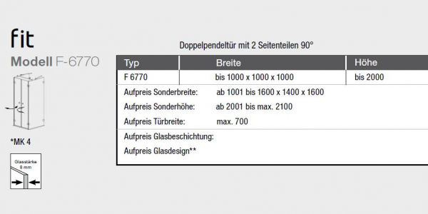 GEO maw Fit F-6770 U-Kabine Doppel-Pendeltür und 2 Seitenteile Duschkabine U-Form Aufmaß inklusive