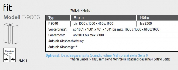 GEO maw Fit F-9006 Walk In 4-teilig Spritzschutzwand Duschwand Aufmaß inklusive