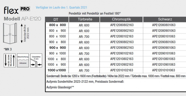 GEO maw Flex Pro AP-E120210 Eckeinstieg 2 Pendeltüren mit 1 Fixteil Duschkabine in Chromoptik oder Schwarz mit Beschichtung