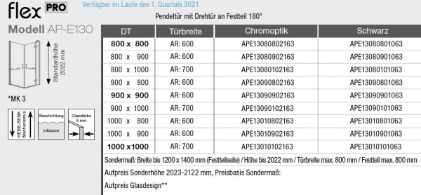 GEO maw Flex Pro AP-E130310 Eckeinstieg Pendeltür mit Drehtür an Fixteil Duschkabine in Chromoptik oder Schwarz mit Beschichtung