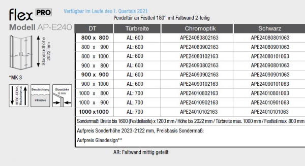 GEO maw Flex Pro AP-E240420 Eckeinstieg Pendeltür an Fixteil mit Faltwand Duschkabine in Chromoptik oder Schwarz mit Beschichtung