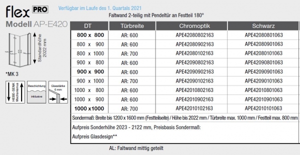 GEO maw Flex Pro AP-E240420 Eckeinstieg Pendeltür an Fixteil mit Faltwand Duschkabine in Chromoptik oder Schwarz mit Beschichtung