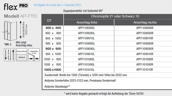 GEO maw Flex Pro AP-F110 Pendeltür mit Seitenteil Duschkabine Fronteinstieg in Chromoptik oder Schwarz mit Beschichtung