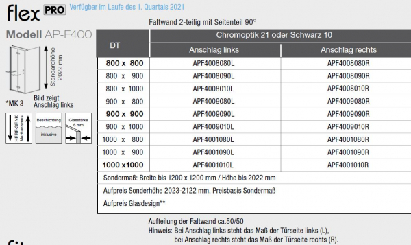 GEO maw Flex Pro AP-F400 Faltwand mit Seitenteil Duschkabine Fronteinstieg in Chromoptik oder Schwarz mit Beschichtung