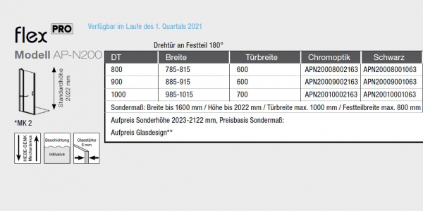 GEO maw Flex Pro Drehtür an Festteil AP-N200 Schwenktür für Nische in Chromoptik oder Schwarz mit Beschichtung