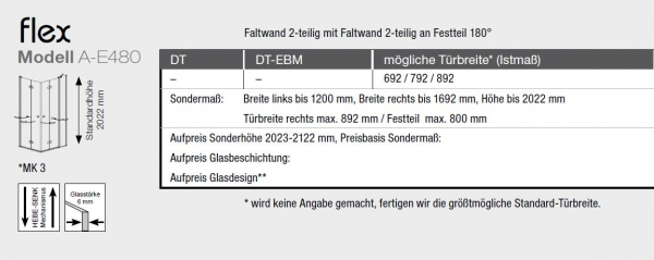 GEO maw flex A-E480840 Eckeinstieg Faltwand und Faltwand an Festteil Eckdusche