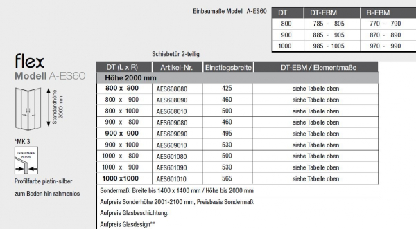 GEO maw flex A-ES60 Eckeinstieg 2 Schiebetüren 2-teilig rahmenlos am Boden Eckdusche Duschkabine